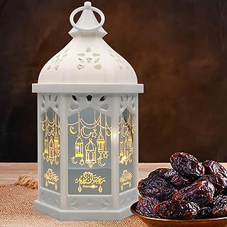 شيميري فانوس رمضان، فانوس شموع رمضان 14 انش، مصابيح LED بلاستيكية للديكور، فانوس معلق عتيق للديكور المنزلي وحفلات الزفاف والطاولة وديكور المهرجانات الاسلامية، ابيض