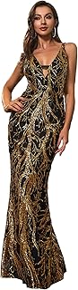 Women's Sequin V Neck Paillette Tree Branch Tulle Backless Lace Up Mermaid Evening Dress