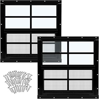 تاندفيو قطعتان من النوافذ السوداء المثبتة على السطح مع زجاج مقوى وشاشة نوافذ منزلقة منزلية مع منزلق عمودي ومسامير لحظائر الدجاج (16 انش × 16 انش)