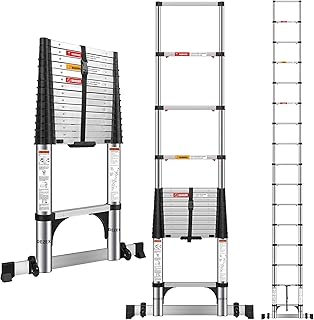 ديزدكس سلالم متداخلة من الستانلس ستيل بطول 15.5 قدم - سلم تمديد قابل للطي بزر واحد للمنزل، ار في، لوفت، يتحمل 370 باوند مع 2 مثبتات مثلثة، قضيب توازن وعجلات