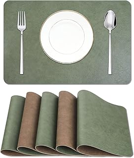 EDanle Cowhide Pattern Faux Leather Placemats Set of 6,Heat Resistant Non-Slip Waterproof Wipeable Washable Kitchen Dining PU Table Place Mats,Double-Sides Available,Green Brown