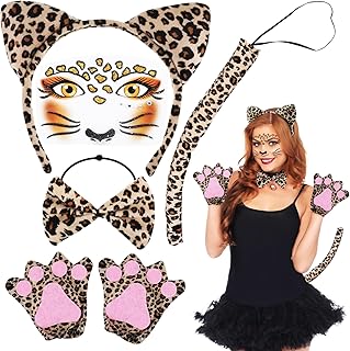 SIWOKJJO Leopard Animal Cosplay Set, Leopard Girl Dress Up Set, Leopard Ears Bow Tie Tail Gloves Set, Decoration Accessories for Girls Boys Theme Party Halloween Fancy Dress Party Pack of 4, brown,