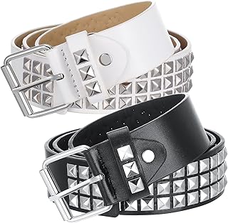 ViEinkaufen 2 Pcs Rivet Belt, PU Leather Punk Belt with Bright Pyramid Rivets, Fashion Gothic Leather Belt Rock Grommet Belt for Jeans Pants