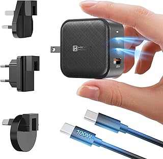 شاحن حائط جان 65 واط من هايميكس - USB C قابس شحن سريع مزدوج محول طاقة 3 منافذ USB-C مع كيبل USBC 100 ومقبس سفر متوافق ماك بوك ولينوفو وايفون 15/14 وسامسونج S24/S23 أسود