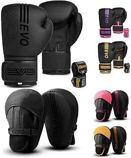 EVO Fitness Matte Black Boxing Gloves and Pads Set Punching Focus Mitts Hook and Jab Hand Target Strike Shield Training Sparring MMA Martial Arts Muay Thai Kickboxing Karate Men Women