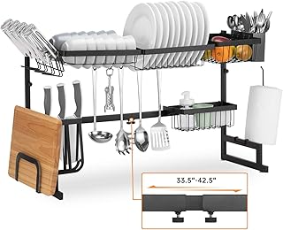 بيفانو رف تجفيف الاطباق فوق الحوض قابل للتعديل (33.5-42.5 انش) كبير من الستانلس ستيل بطبقتين قابل للتوسيع لمنضدة المطبخ وموفر للمساحة ومنظم تخزين مع حامل للاواني - اسود