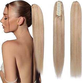 Elailite Real Hair Ponytail Braid Hair Extensions 40 cm with Clip Remy Straight Ponytail Human Hair #18/613 Ash Blonde & Bleached Blonde