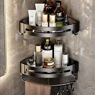 Shower Shelf, No Drilling, Corner Shelf, Shower Basket, Shower Shelf with 8 Hooks, Aluminium Wall Mounted Bathroom Shelf, Bathroom Accessories, Corner Shelf for Storage of Shower Gel, Shampo, Pack of