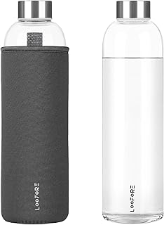 LOOFORE Glass Bottle 750 ml, Water Bottle Glass 750 ml with Neoprene Case, BPA-Free, Dishwasher Safe, Water Bottle Glass for Carbonated Drinks