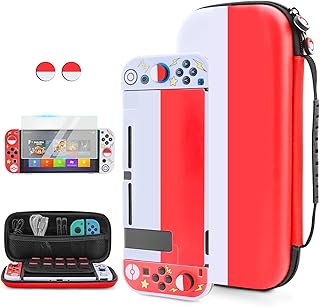 FUNDIARY Cartoon Ball Carrying Case for Nintendo Switch, Cute Portable Travel Case with 10 Game Card Slots, Accessories Bundle with Soft TPU Protective Shell and HD Screen Protector - Red & White