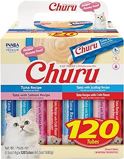 INABA Churu Cat Treats, Lickable, Squeezable Creamy Purée with Vitamin E, 0.5 Ounces per Tube, 120 Tubes Total, Tuna Variety