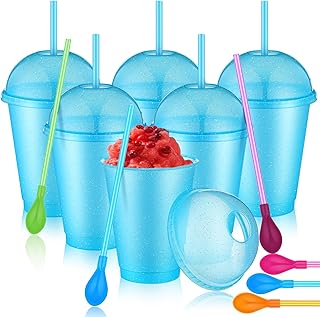 Ninehaoou 6 Set Reusable Glitter Plastic Cups with Dome Lids Detachable Spoon Straws Reusable Plastic Slushy Smoothie Tumbler for Valentine's Day Birthdays Party Supplies(Pastel Blue,16 oz)