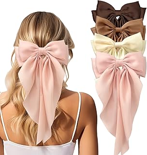 Hair Bows for Women, 4 PCS Big Bow Hair Clips with Long Tail, Silky Satin Oversized Bow Claw Clips, Large Hair Barrettes, Cute Hair Accessories for Women