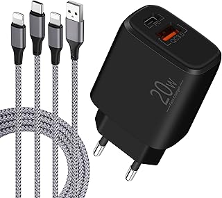 لو سي كيه شاحن USB C، محول/قابس USB C 20 واط مع 2 كيبل لايتنينج 2 متر، شاحن سريع مع بي دي، منافذ كيو سي وكابلات شحن نايلون متوافق مع ايفون، أسود