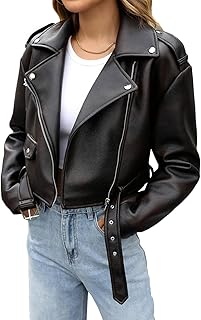 Women Faux Leather Cropped Jacket Bomber Brown Lapel Zipper Biker Short Coat with Belt