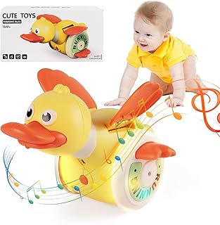 KRSEUB Dancing Duck Toy,Infant Crawling Toys for Encourgaing Baby Walking & Moving,360 Rotating Musical Tummy Time Toys with Lights, for 0-3-6 6-12 12-18 Months Baby Gifts (Yellow)