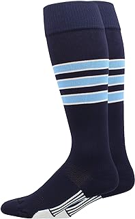 Dugout 3 Stripe Baseball Socks (Multiple Colors), Navy/Columbia Blue/White, Small