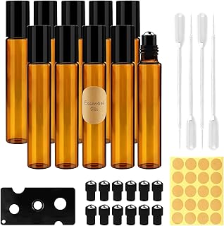 Quelcc 10ml Brown Empty Glass Bottles, 10 Pcs Roll On Bottles for Essential Oils, Glass Bottles with Stainless Steel Ball for Aromatherapy, Perfume, Essential Oils and Cosmetics