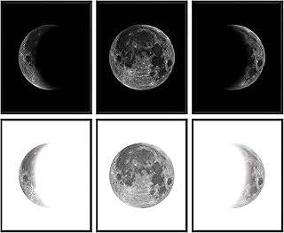 97 ديكور بوستر قمر - لوحة فنية جدارية على شكل حائط مراحل القمر صورة طور مطبوعات لدورة ملصقات الليلي باللونين الاسود والابيض لتزيين غرفة النوم 8 × 10 بدون