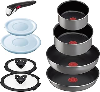 Tefal L16199 Tifal Handle Removable Pot Frying Pan Set, 9-Piece Set, Compatible with Gas Fire, Ingenio Neo Phrase Gray, Non-Stick Gray