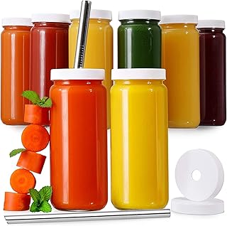 Glass Juicing Bottles with 2 Straws & 2 Lids w Hole- 500ml Travel Drinking Jars, Water Cups with White Airtight Lids, Reusable Tall Mason Jar for Juice, Bubble Tea, Smoothie, Tea, Kombucha(8 Pack)