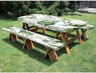 Palm leaves Picnic Fitted Tablecloth and Bench Seats Table Cover, Tropical jungle plants background, for outdoor picnic parties, 28 x 72 Inch