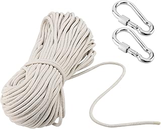 MAHIONG 6mm x 50m Soft Cotton Rope, 164 Feet 1/4 Inch Thick Natural Washing Line Cotton Rope with Stainless Steel Hooks, Multipurpose Pulley Basket Line Clothesline for Outdoor DIY Decoration, White