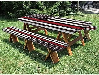 American Flag Picnic Fitted Tablecloth and Bench Seats Table Cover, American Wooden Stars and Stripes, for Outdoor/BBQ/Camping, 28 x 72 Inch Dark Mauve Vermilion