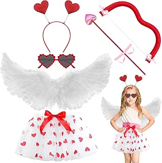 Lets Joy Costumes for Children, Pack of 5 Carnival Costume Accessories, Cupid Costume Girls, Cupid Costume Accessories, Heart Tutu Wings Tight Heart Headband Glasses Arrow Bow, Carnival Party