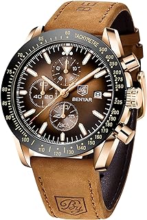 Mens Watches BY BENYAR Chronograph Analog Quartz Movement Leather Band Stylish Sports Designer Wrist Watch 30M Waterproof Elegant Gift for Men