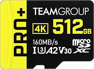 تيم جروب بطاقة ايه 2 برو بلس 512GB Micro SDXC UHS-I U3 A2 V30، R/W حتى 160/110 ميجابايت/ثانية لنينتندو سويتش وستيم ديك واجهزة الالعاب والتابلت والهواتف الذكية وتصوير 4K مع محول TPPMSDX512GIA2V3003