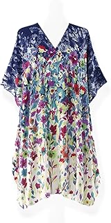 PGI TRADERS Flower Designed Short Caftan for Women | Ultimate Satin Comfort | Loungewear | Beach Swimsuit Cover Up | One Size Fits Most