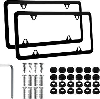 البموسن اطار لوحة ترخيص السيارة من الستانلس ستيل بـ4 فتحات مع مسامير وحلقات واغطية، اكسسوارات خارجية للسيارة، حامل لوحة ترخيص للسيارات الامريكية من قطعتين (اسود)