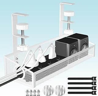صينية تنظيم الكيبلات تحت المكتب، لون ابيض، منظم كيبلات مكتب بدون ثقب مع مشبك لادارة اسلاك المكتب، ملحقات منظم اسلاك الكمبيوتر المكتبي ومنظمات مساحة العمل للمكتب والمنزل (قطعة واحدة)