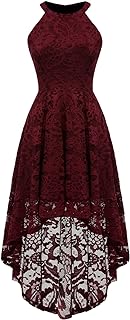 0028 Halter Floral Lace Cocktail Party Dress Hi-Lo Bridesmaid Dress Burgundy M