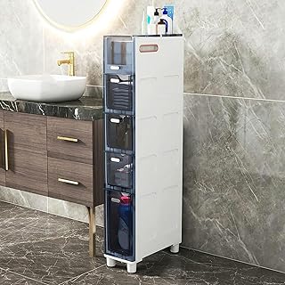 5-Tier Narrow Bathroom Floor Cabinet Slim Toilet Storage Cabinet Storage Tower with Clear Drawers and Casters Sturdy Narrow Dresser Tower