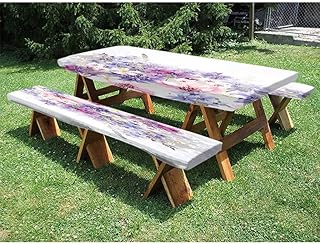 Lavender 72" Polyester Picnic Table and Bench Fitted Tablecloth, Pastel Cornflowers Bridal Classic Design Gentle Floral Wedding Design Print, for outdoor, park, terrace, 28 x 72 Inch Violet Pink