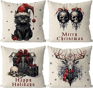 Tian Zhun Christmas Pillow Covers 18x18 Inch Set of 4 Spooky Gothic Cat Throw Pillow Covers Xmas Winter Decorative Cushion Covers Case Home Sofa Living Room Farmhouse Decor