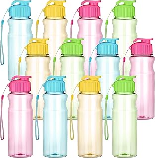 Pack of 12 Plastic Water Bottles, 500 ml Sports Water Bottle, Reusable Lightweight Water Bottle with Leak-proof Flip Lid and Lanyard for Outdoor Sports, Travel, Classroom (4 Colours)