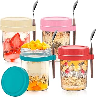 Esilihom 4 Pack Reusable Overnight Oats Jars with Lid and Spoon Set, 350ml Airtight Oatmeal Container with Measurement Mark, Glass Mason Jars for Cereals, Milk, Yogurt, Fruit, Salad