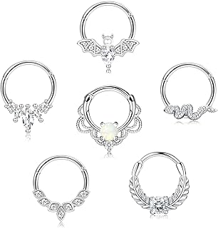 JOERICA 6Pcs 16G Septum Rings Stainless Steel CZ Opal Daith Helix Tragus Piercing Jewelry Cartilage Earrings Hoop Nose Ring Bat Hinged Clicker Septum Jewelry 8MM 10MM