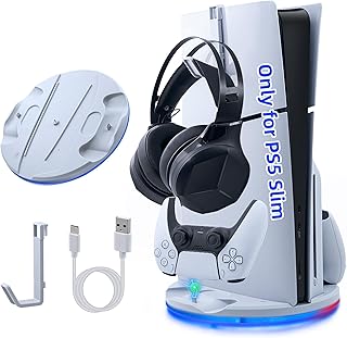 Vertical Stand Only for PS5 Slim, PS5 Slim Stand and Cooling Station, LED Base Station for PS5 Dual Controller Charging Station Dock with Headset Holder for PS5 Slim Disc and Digital Editions