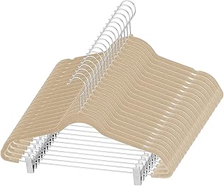 شماعات مخملية من زوبر مع مشابك - عبوة من 20 شماعة معدنية بمشبك للبنطلونات -عاجية مدببة للبنطلونات والتنانير والبدلات والفساتين والقمصان مع خطاف يدور بزاوية 360 درجة - من اللباد غير قابلة للانزلاق