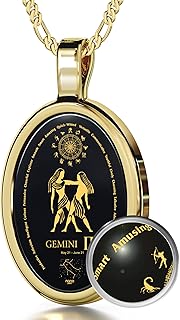 'Gemini Necklace Zodiac Pendant for Birthdays 21st May to 21st June May Star Sign and Personality Characteristics Pure Gold Inscribed in Miniature Details on Onyx, 18'' Rolo Chain'