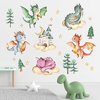 Yovkky Baby Dragon Wall Decals Stickers, Watercolor Castle Pine Tree Cloud Moon Stars Neutral Toddler Nursery Decor, Dragon Eggs Home Decorations Kids Girls Boys Bedroom Playroom Art