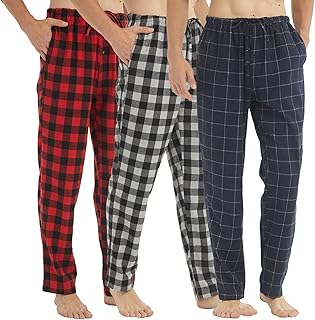 Flannel Mens Pajama Pants 3 Pack Cotton Red Plaid Pajamas Bottoms with Pockets Drawstring Lounge Sleepwear Christmas PJ