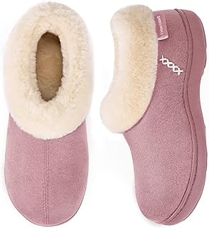 Ladies' Micro Suede Memory Foam Slippers with Fluffy Faux Fur Collar and Indoor Outdoor Rubber Sole Pink, Size 7-8 UK