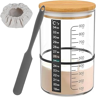 7Pcs Glass Sourdough Starter Jar Kit with Scale Thermometer Paper 900ml Heat Resistant Sourdough Starter Container with Wooden Lid Cloth Cover Reusable Sourdough Fermentation for Sourdough Baking