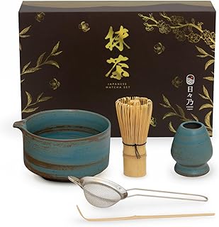 HIBINO Japanese Matcha Set - Matcha Bowl with Spout, Matcha Whisk and Holder, Bamboo Matcha Scoop and Stainless Sifter - 5 Pcs - Traditional Matcha Kit - Designed in Japan -「Rustic Teal」