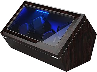 Watch Winder, 4 Watch Winders for Automatic Watches with Super Quiet Motor, Blue LED Light & 4 Rotation Mode Setting, Watch Winder Box for Rolex with Flexible Pillow, Dual Power